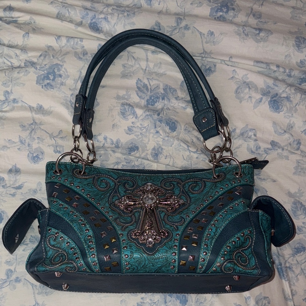 Y2K Elegant Teal Handbag with Cross Embellishment
